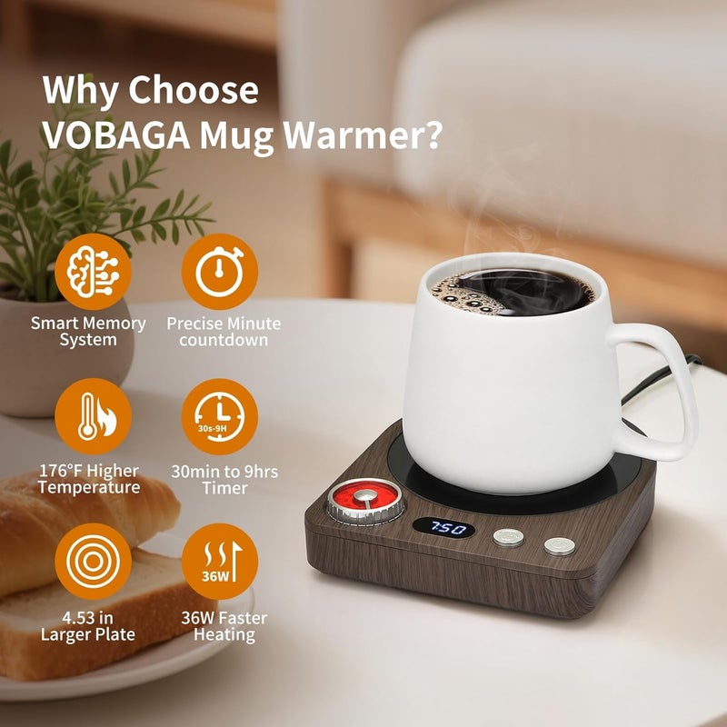 Vobaga Coffee Mug Warmer (No Mug) with Smart Memory System & 9-Temperature Setting, Coffee Cup Warmer with Customize Timer & Precise Minute Timing, Suitable for Work, Reading, Sleeping - Image 2